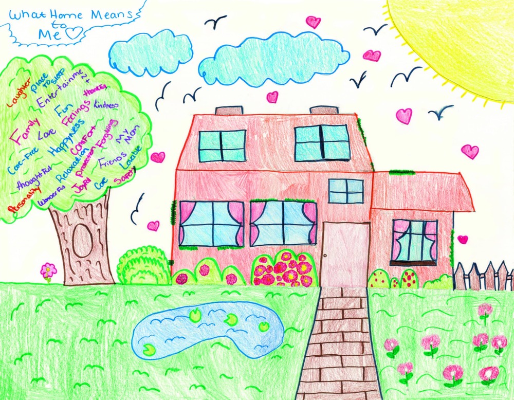 July What Home Means To Me calendar winner, artwork of a home with outdoor landscape.