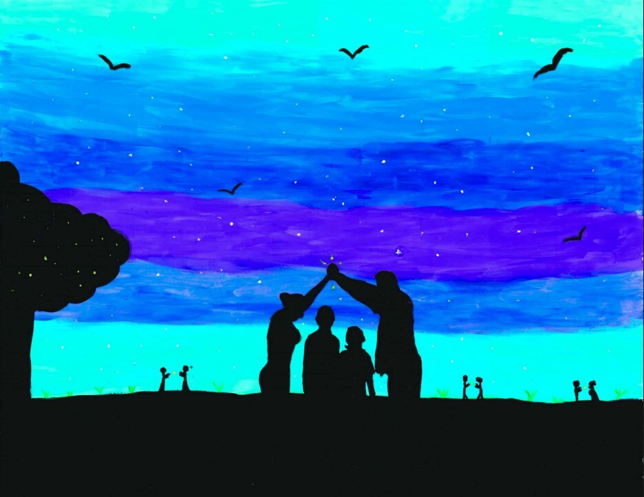 MIHALA December 2023 What home Means to me Poster Contest Winner. A family outlined on the horizon against a sky filled with people, trees, and birds.