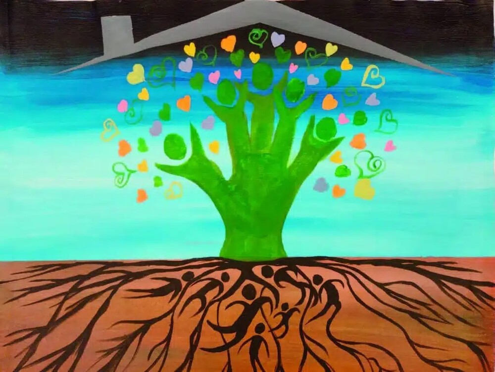 What Home Means to Me February 2024 Winner. A roof over a stylized tree made out of people and hearts.