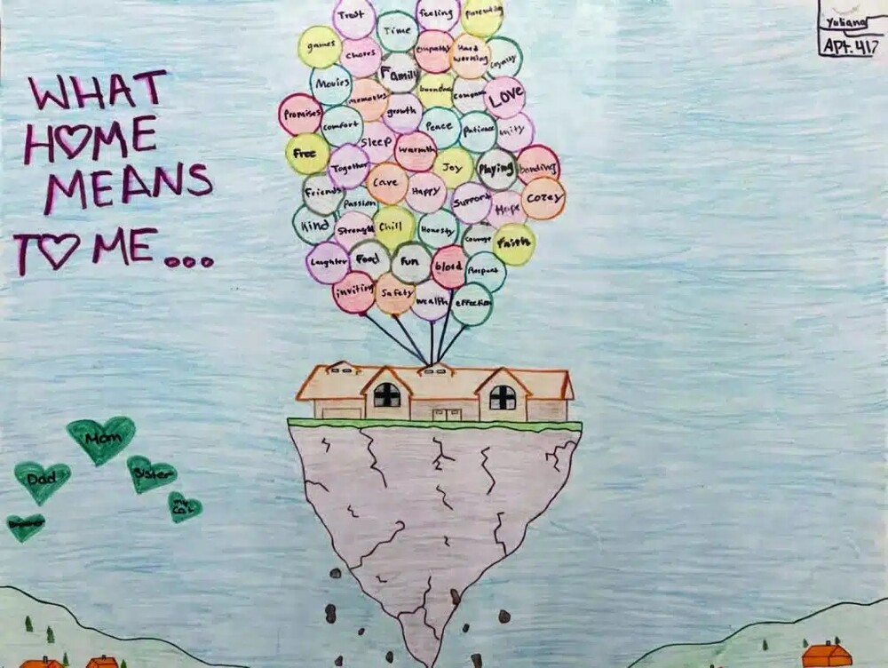 What Home Means to Me March 2024 Winner. A house and a large chunk of earth being held in the air with a bunch of balloons that are filled with different words saying what home means to the artist.