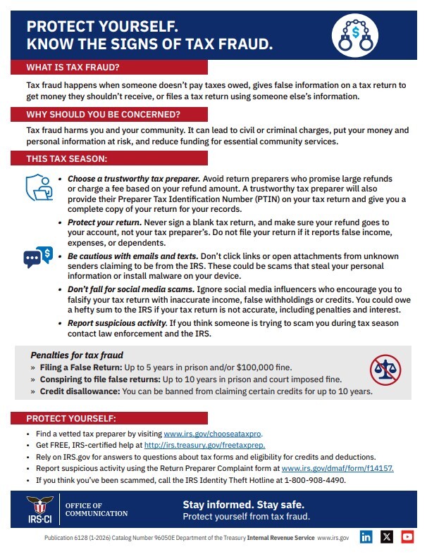 Protect Yourself: Know the Signs of Tax Fraud flyer. All information as listed above.