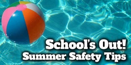 A beach ball floating in a pool with text: School's Out Summer Safety Tips