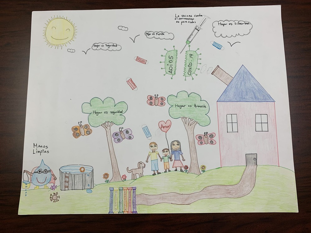 August 2022 What Home Means to Me Calendar Winner. An artwork of a family standing outside their home.