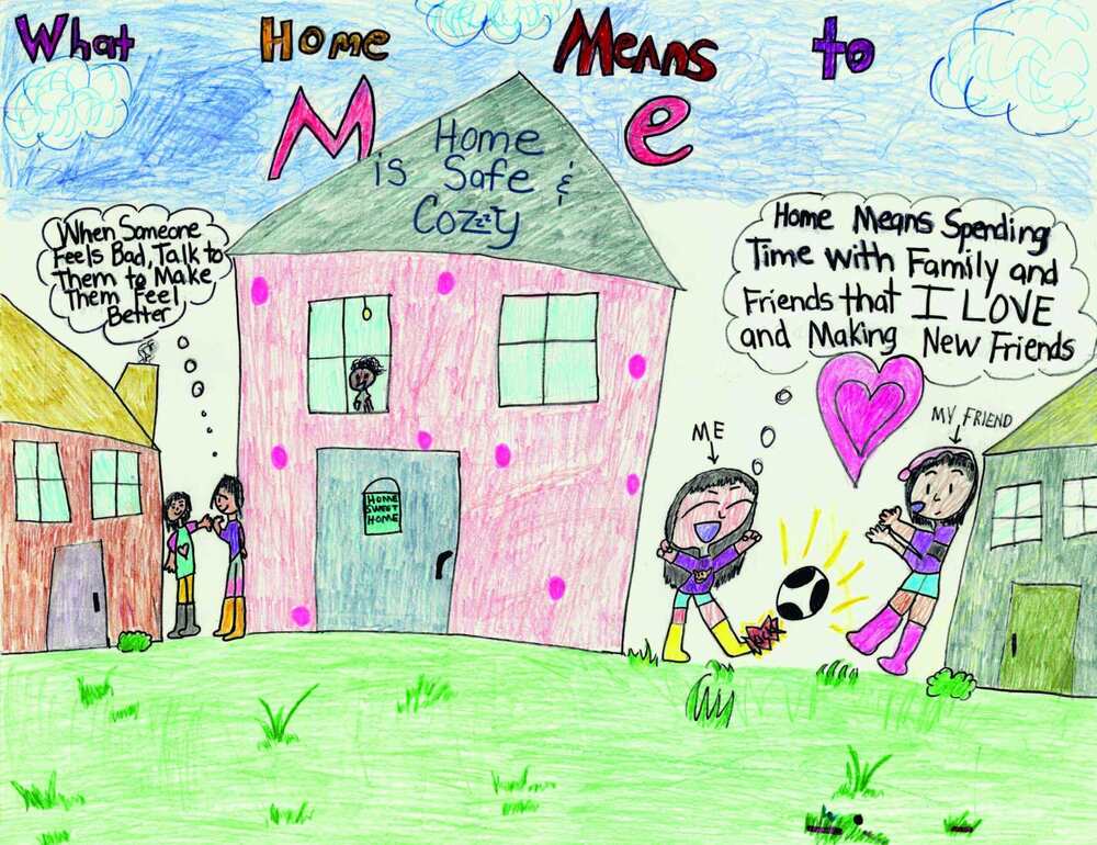January What Home Means to Me Winner 2023, Artwork of a family participating in activities outside of a home.