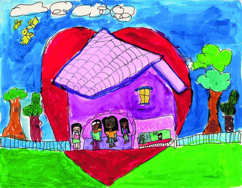Febuary What Home Means to Me Winner 2023, Artwork of a family standing outside of a home.